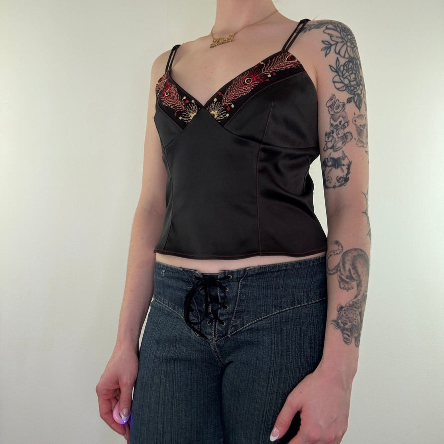 Y2K vintage satin cami embroidered lace up top