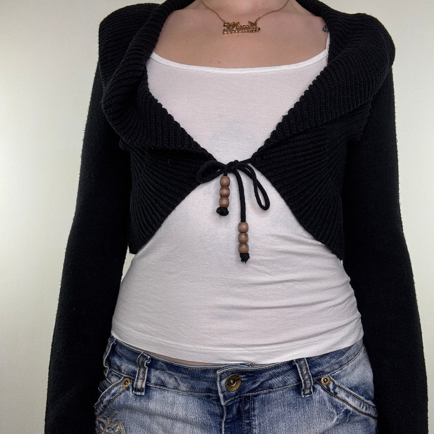 Y2K vintage cropped cardigan knit collared beaded long sleeve tie front bow