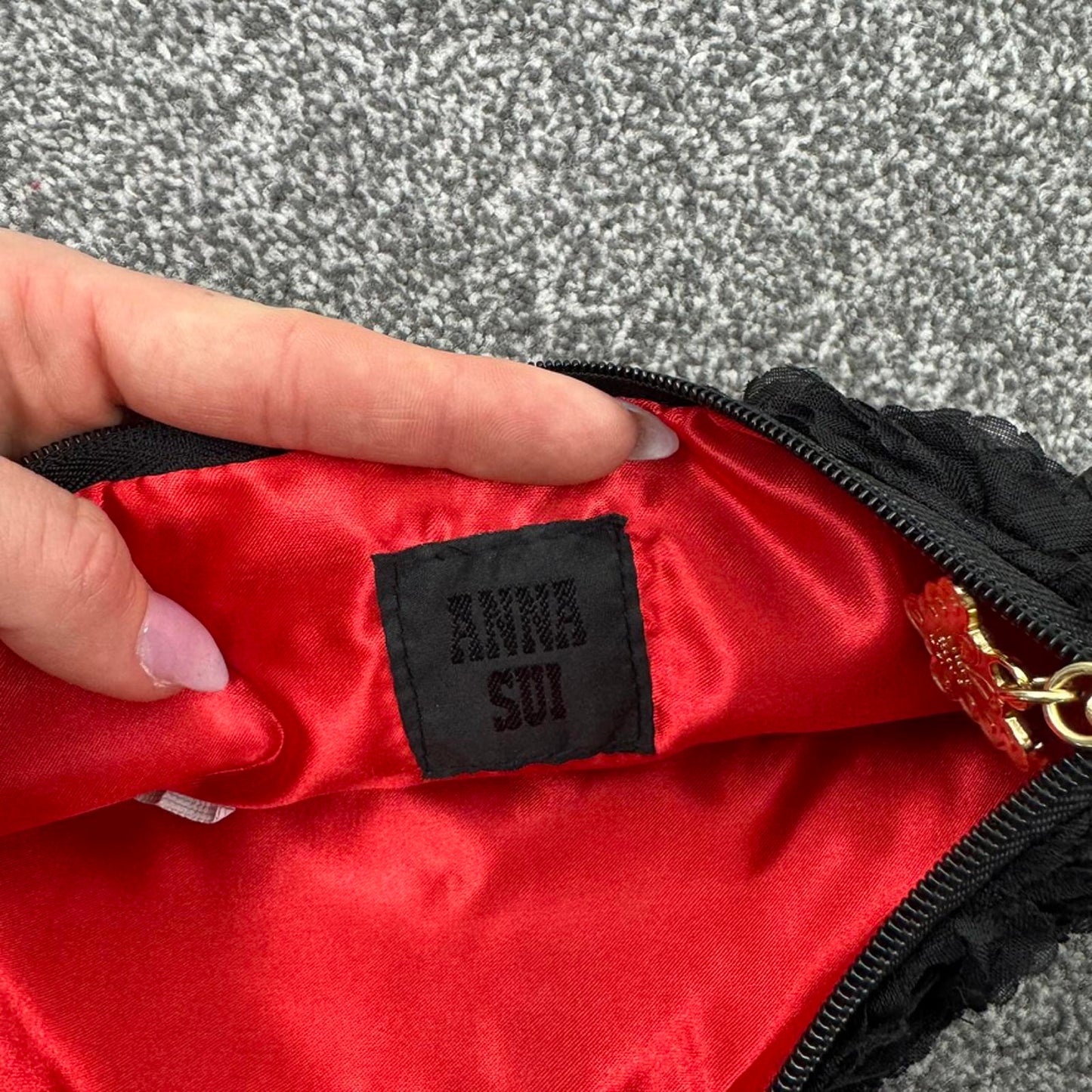 Anna Sui 3D rose floral makeup bag cosmetic gold butterfly zipper closure