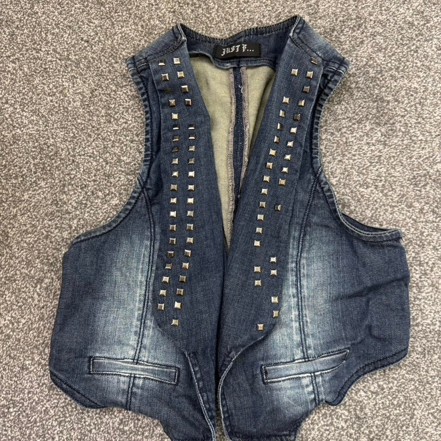 Y2K vintage studded open denim waistcoat jacket faded wash blue sleeveless