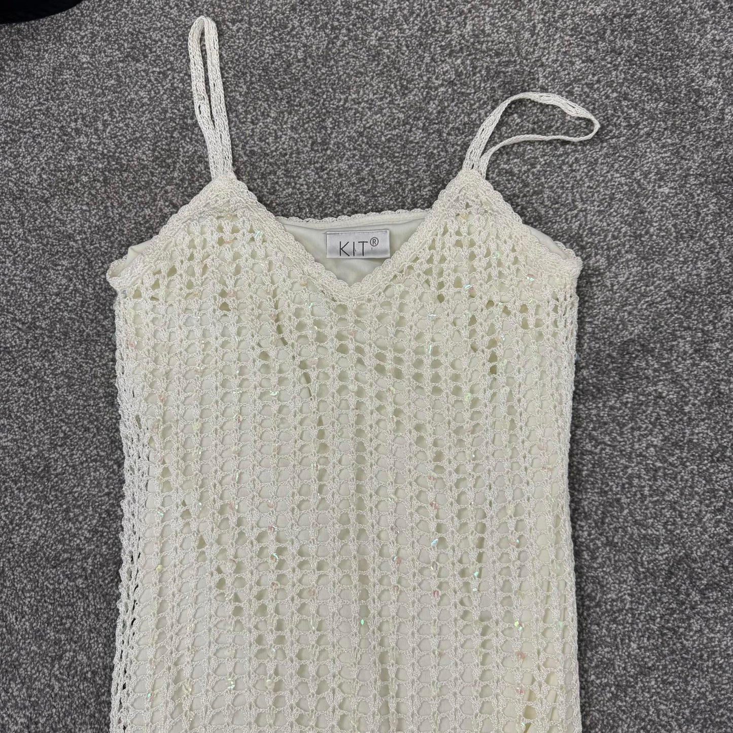 Y2K vintage sequin crochet midi dress v neck strappy knee length summer holiday