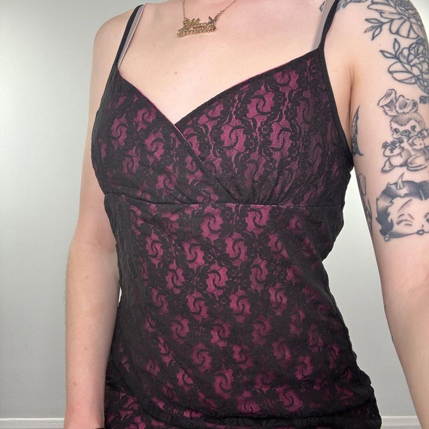 Y2K vintage midi dress mesh overlay floral lace open low back bow pink black