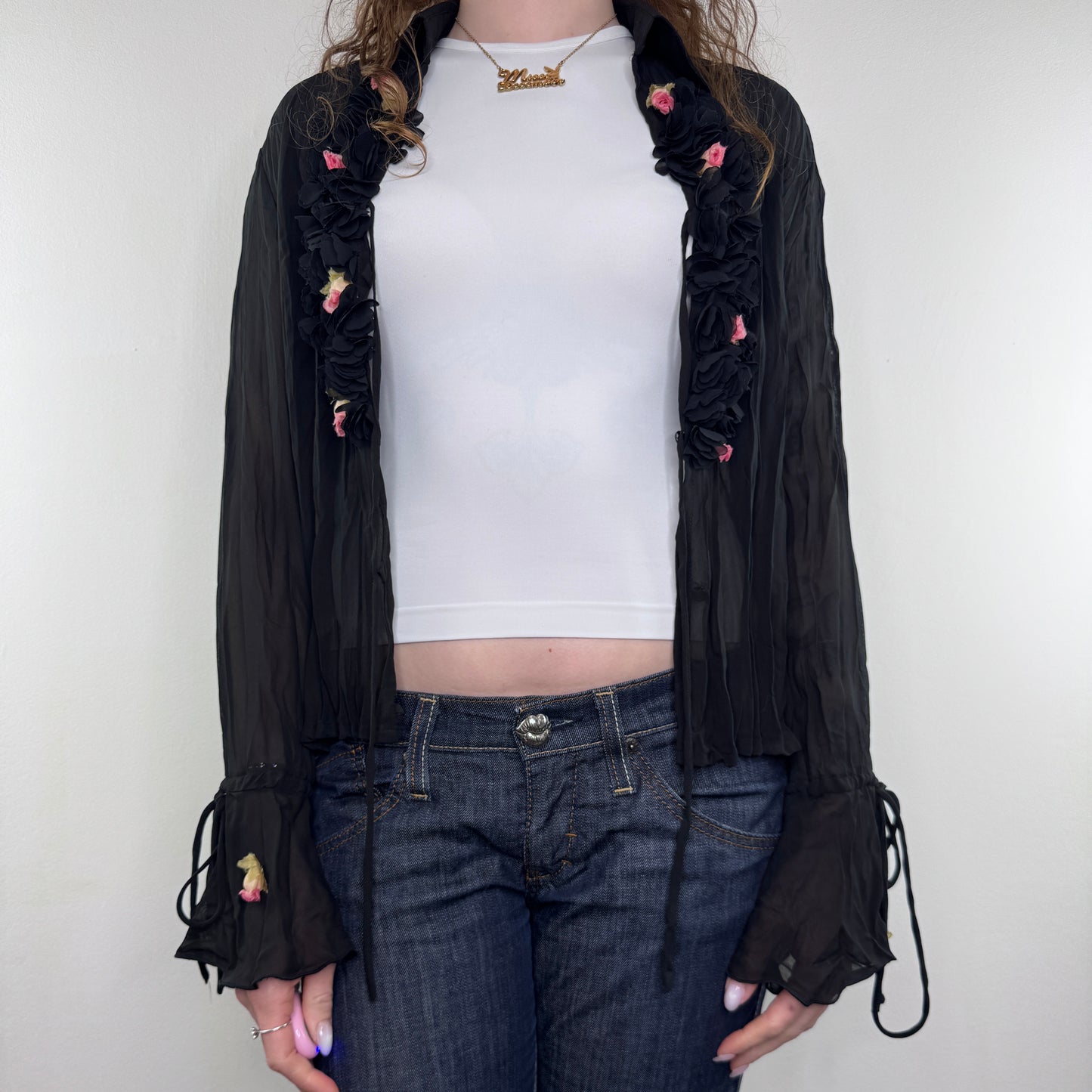 Y2K vintage pleated ruffle rose long sleeve blouse