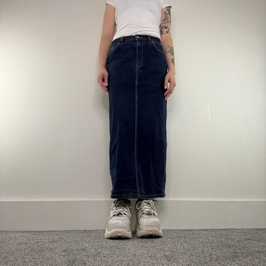 Y2K vintage denim maxi skirt straight high split contrast stitch high waist