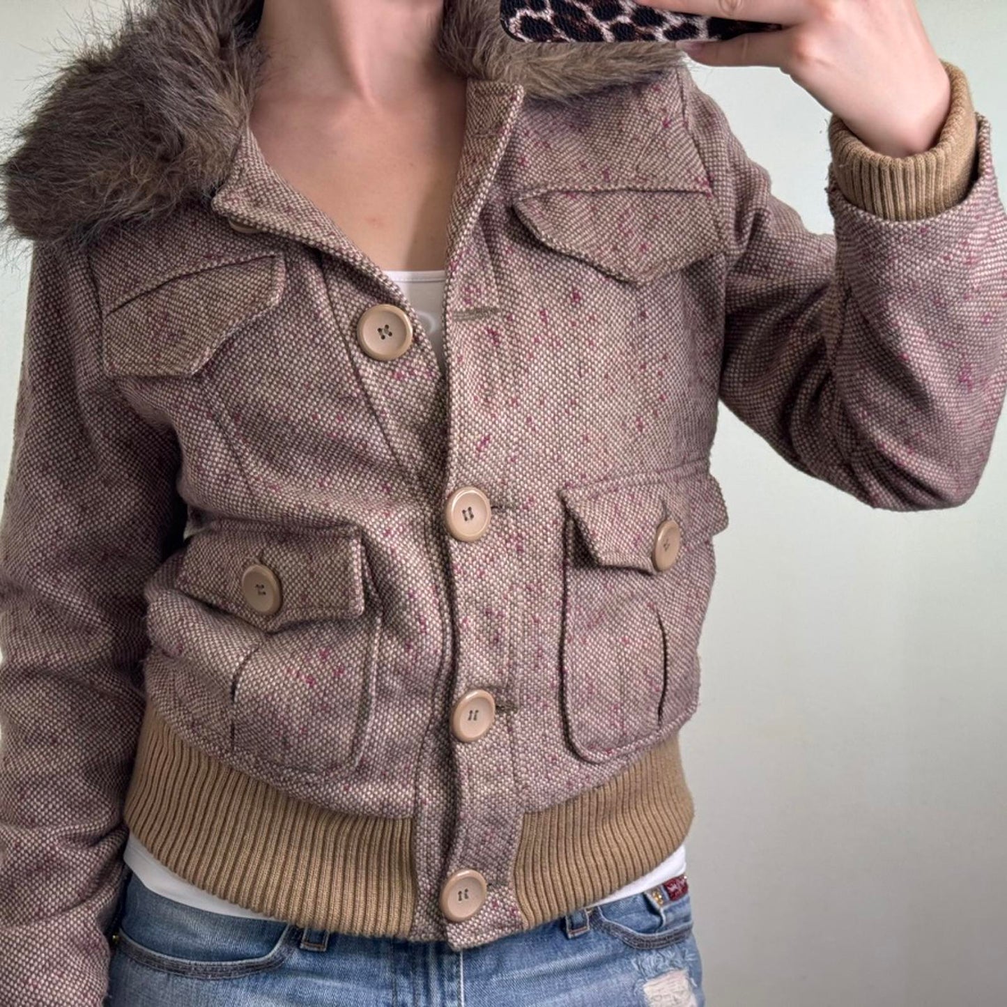 Y2K vintage tweed wool blend button up coat winter jacket faux fur trim collar