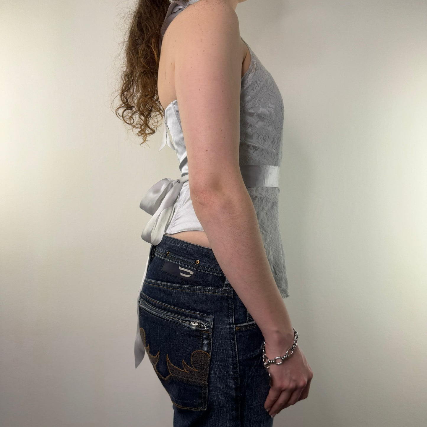 Y2K vintage halter neck lace boned top