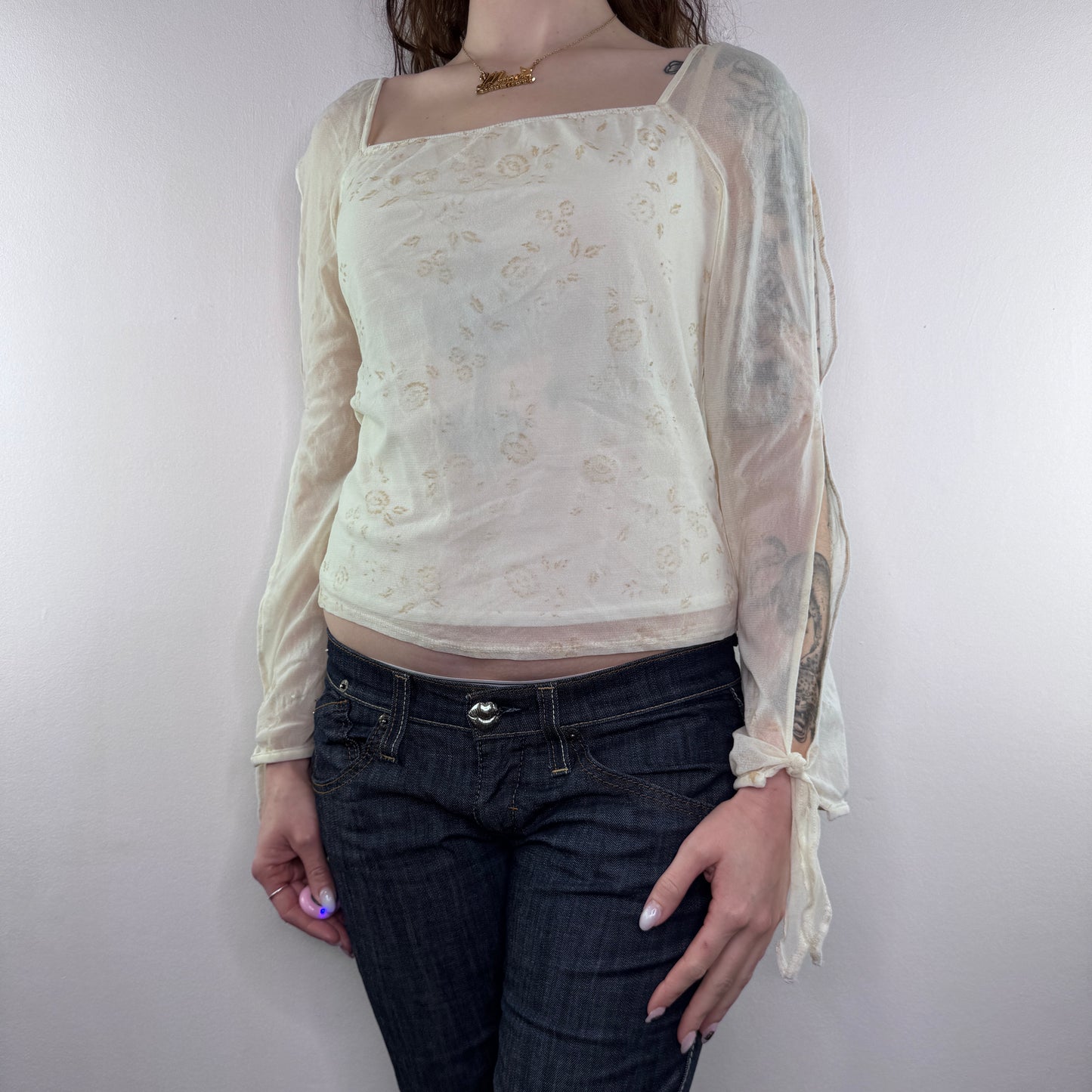 Y2K vintage mesh long sleeve milkmaid top