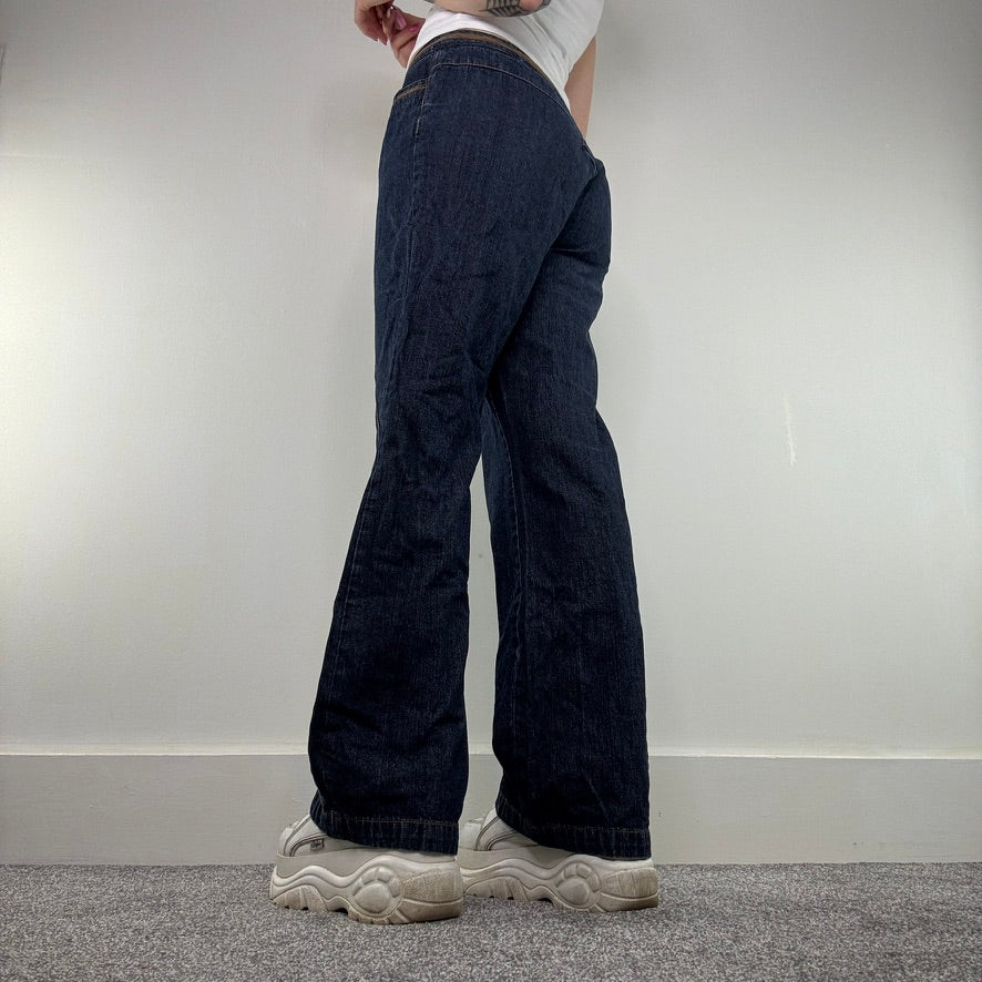 Y2K vintage baggy jeans flare faded denim mid rise dark denim wash