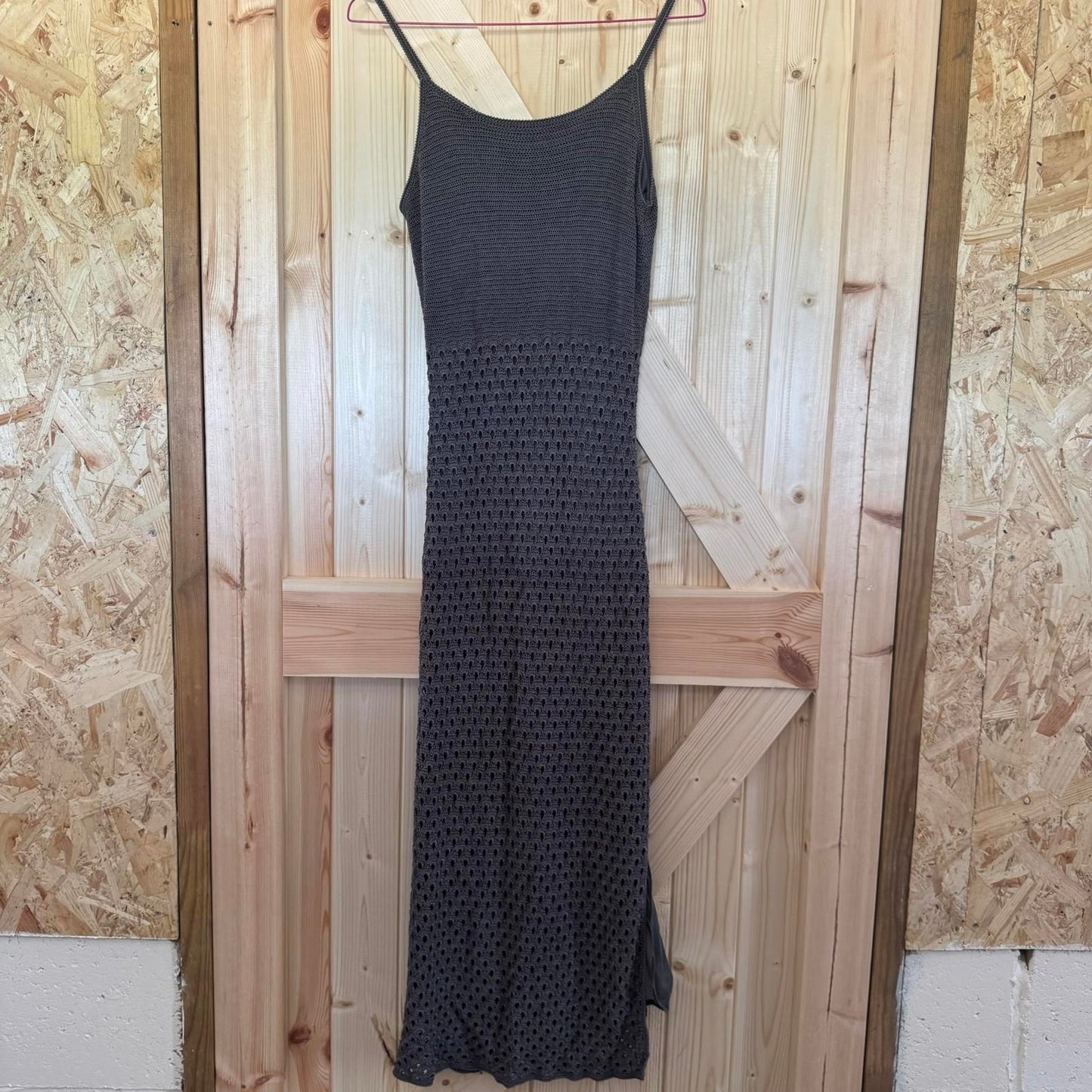 Y2K vintage crochet maxi dress dark grey double lined round neckline summer