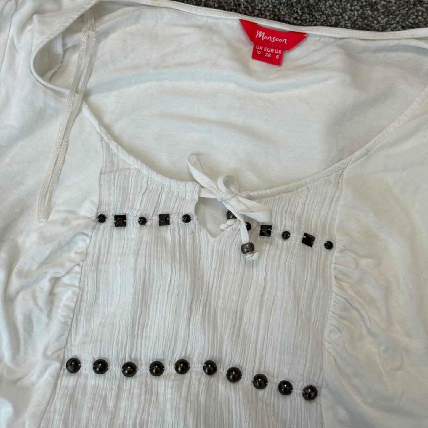 Y2K vintage studded beaded flowy milkmaid style top short sleeve pleated boho
