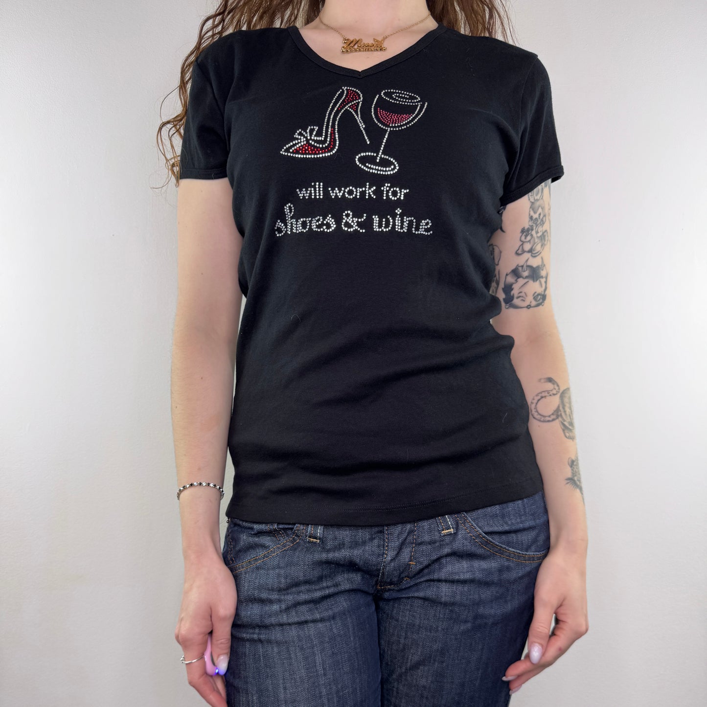 Rhinestone wine and shoes t shirt