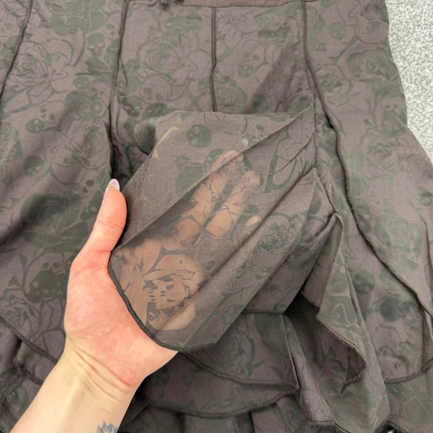 Y2K vintage Firestrap midi skirt skull roses brown button up bow a line frill