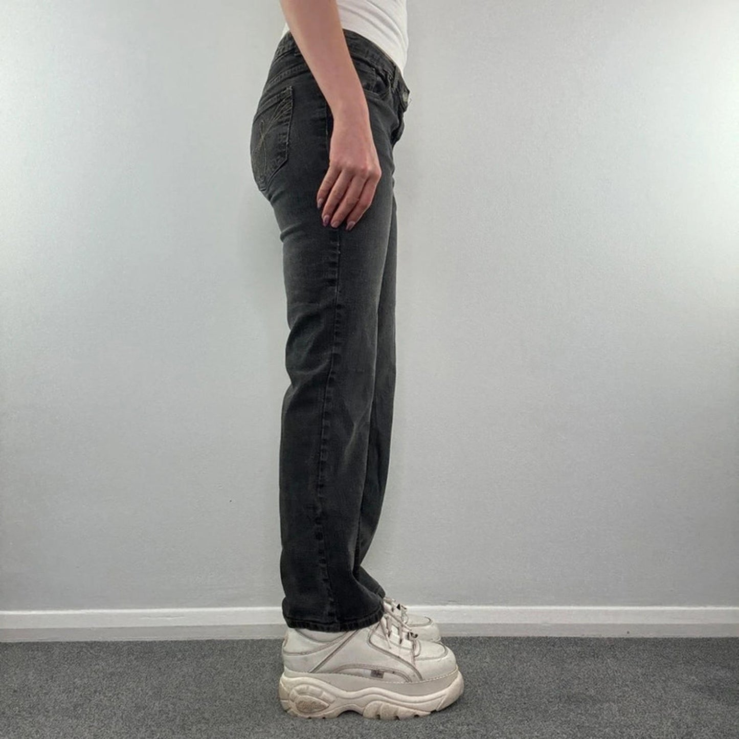 Y2K vintage mid rise grey denim bootcut jeans embroidered pockets