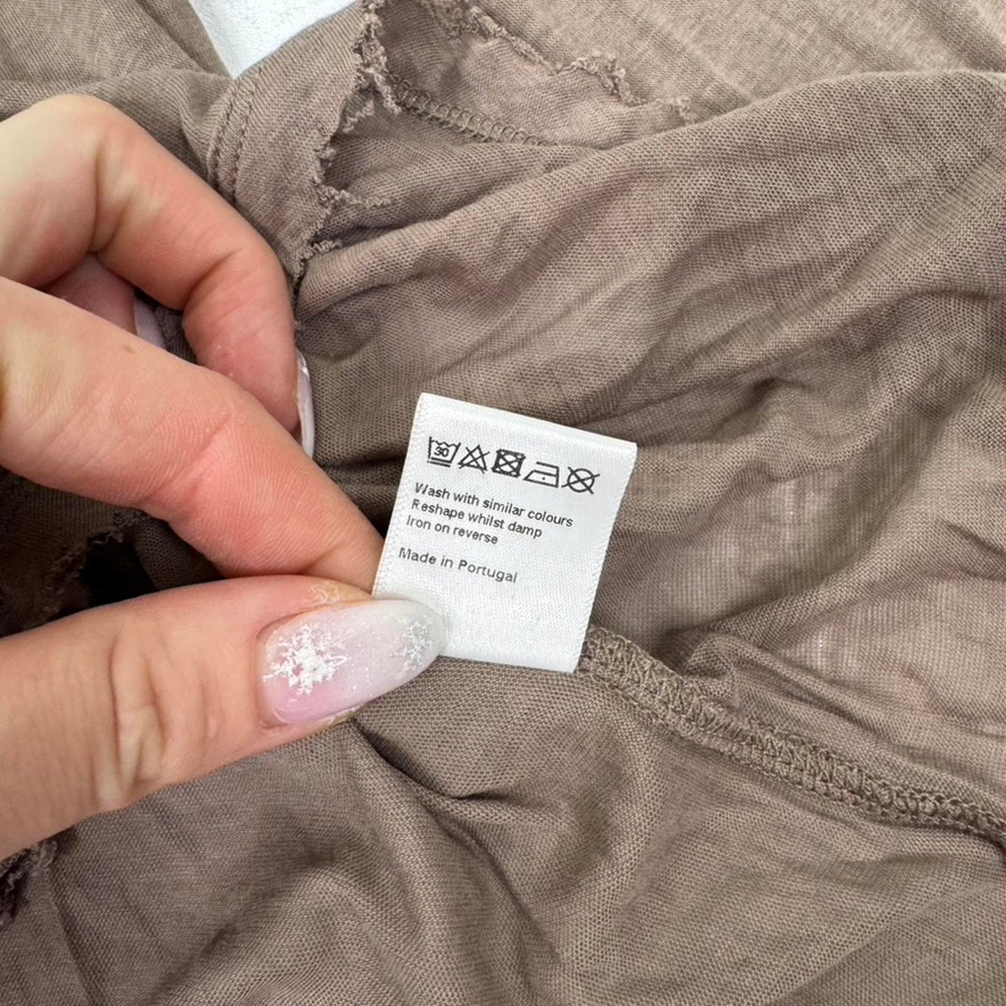 ME+EM sheer long sleeve top fraying hem light brown layering basic