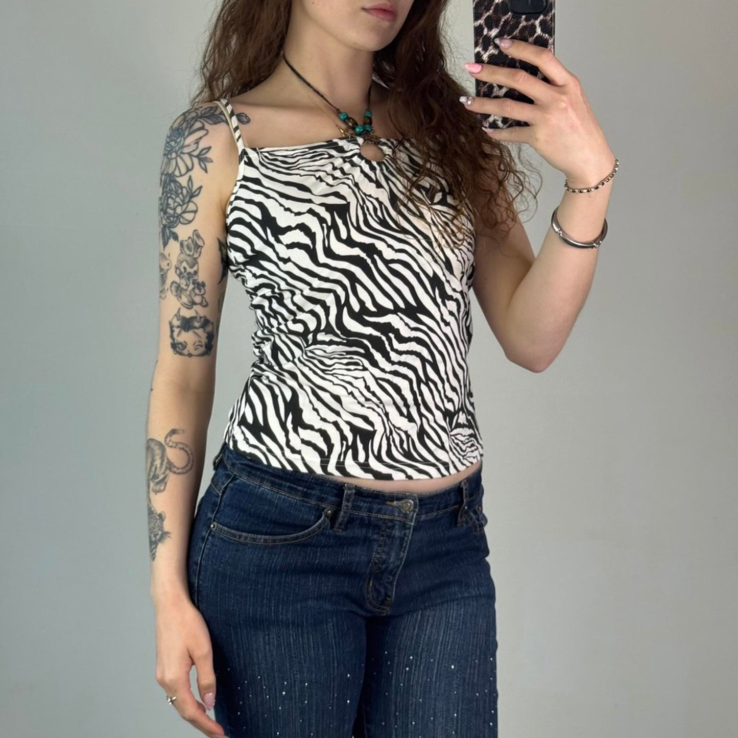 Y2K vintage halter neck zebra print cami top beaded o ring square neck tropical