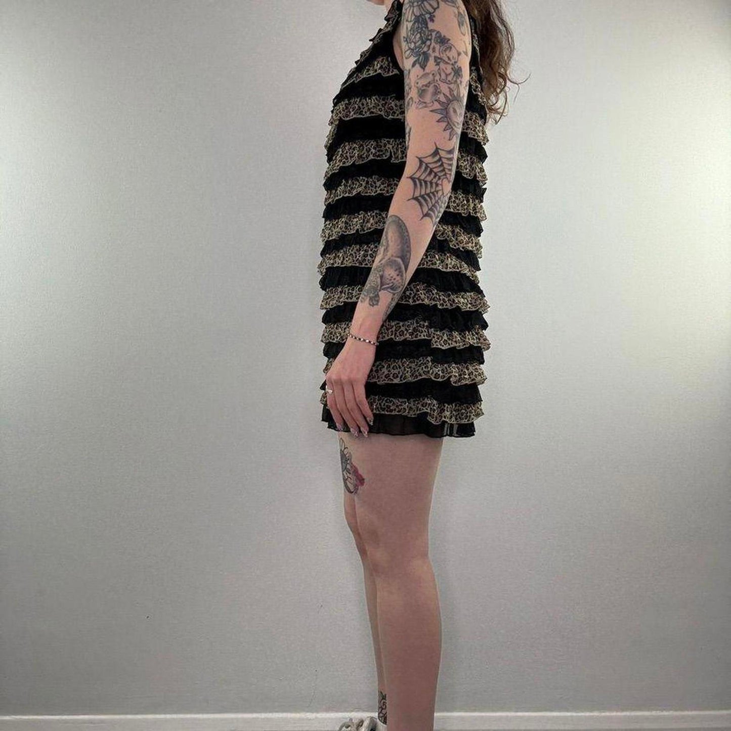 Y2K vintage leopard print sparkly frilly mini dress tiered round neck black