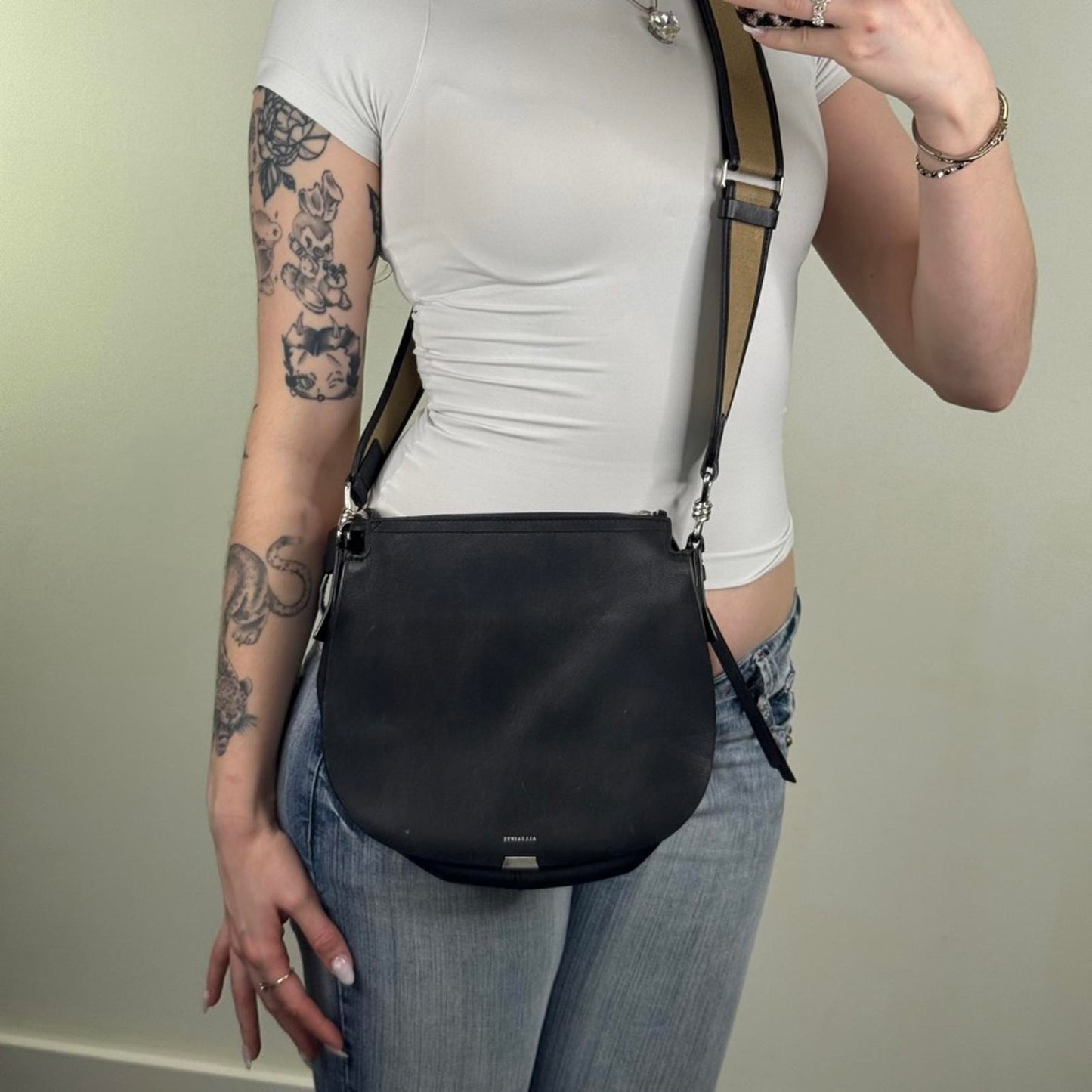 AllSaints Captain Darcy crossbody bag genuine leather circle small canvas zipper