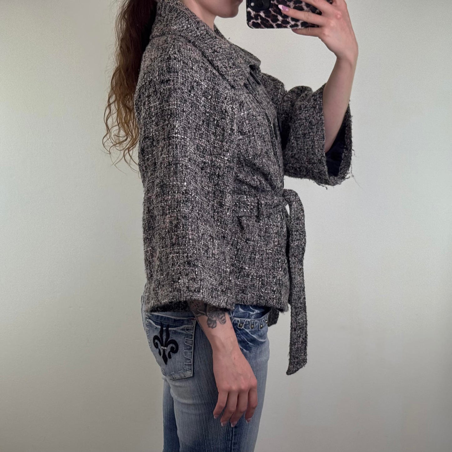 Y2K vintage wool blend pea coat jacket flare 3/4 sleeve with belt button up