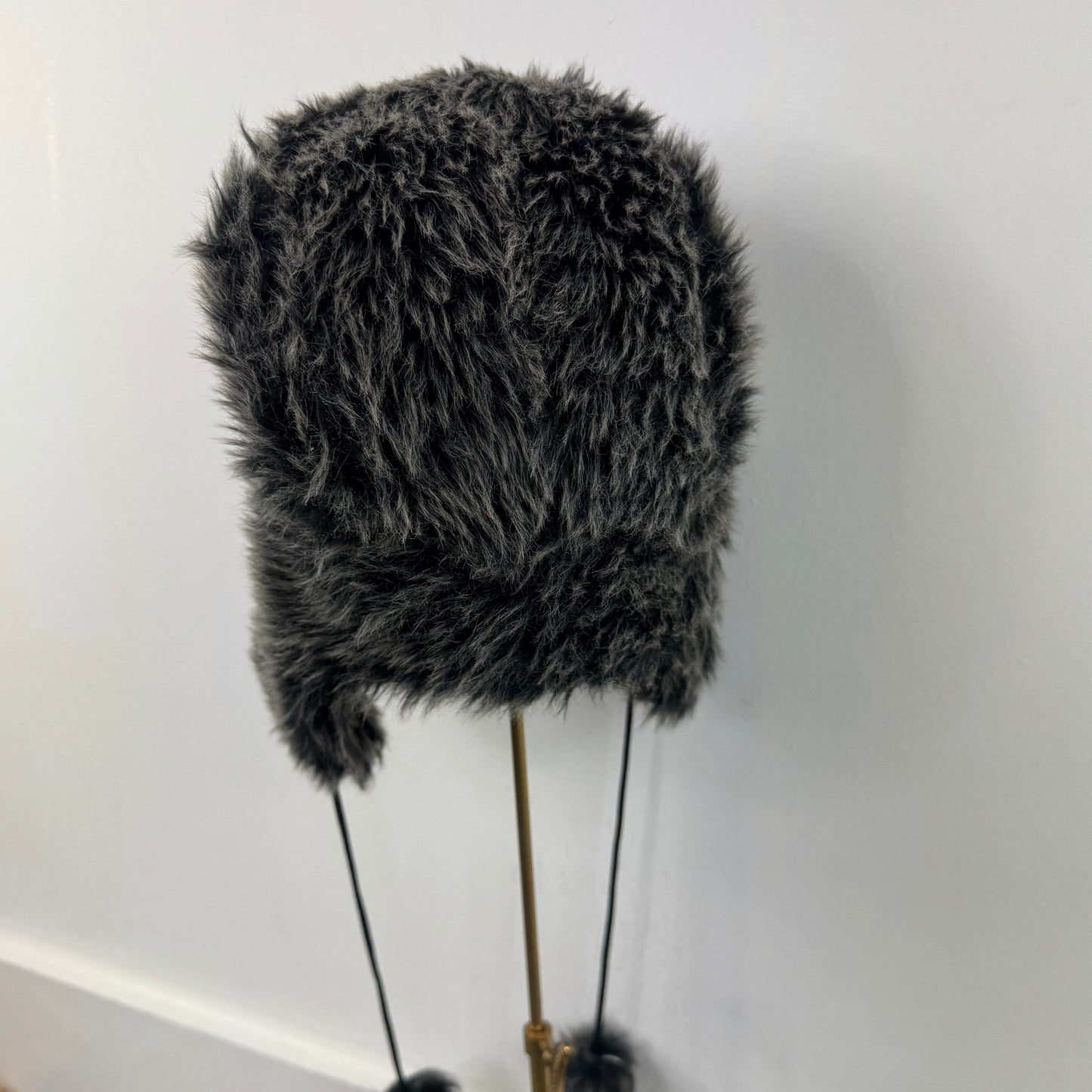 Y2K vintage faux fur trapper hat two tone grey black pom poms mcbling