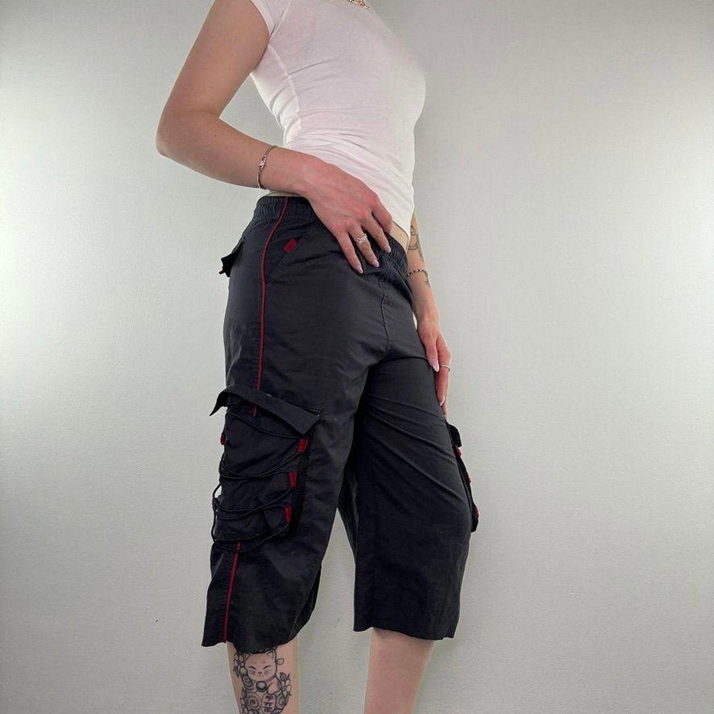 90s Y2K vintage cargo long baggy shorts low rise toggle navy red cropped pants