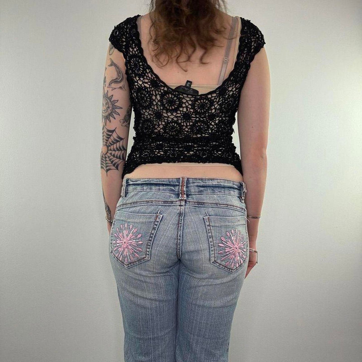 Y2K vintage crochet floral beaded cap sleeve top round deep neckline/ back