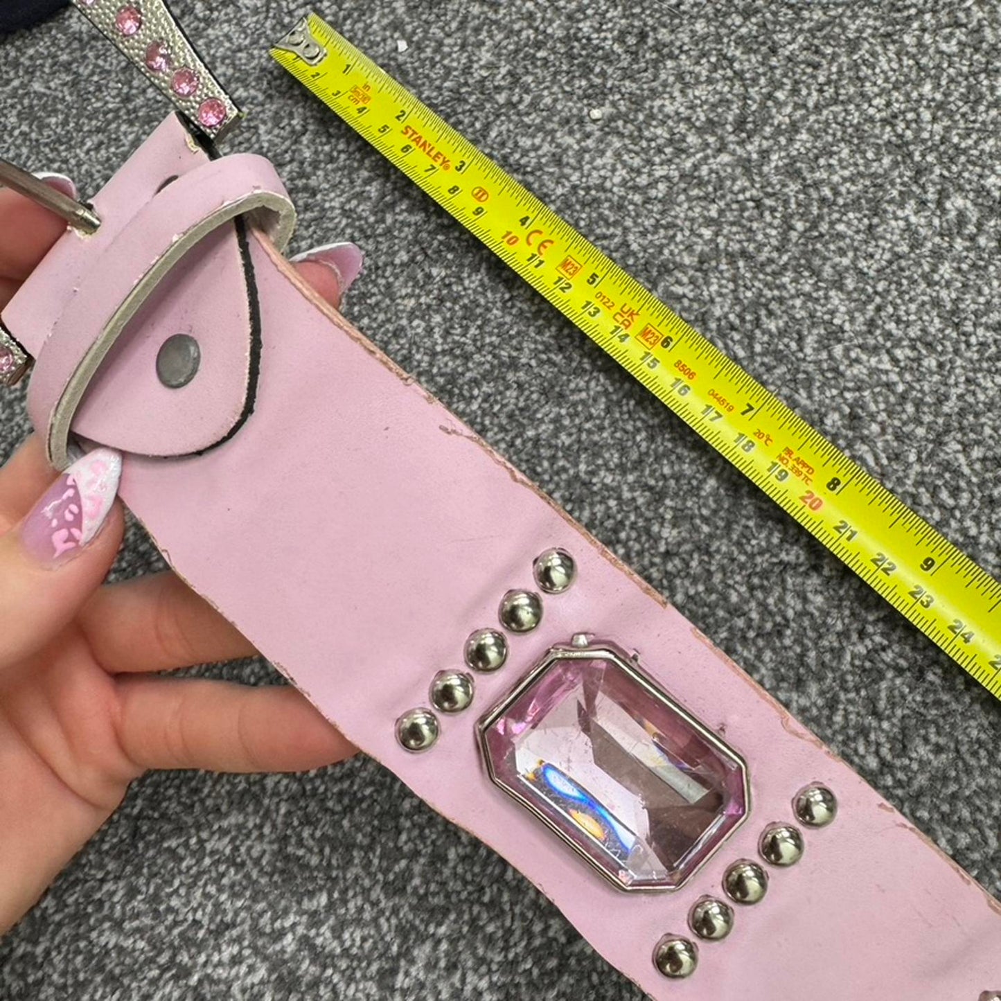 Y2K vintage faux leather chunky belt mcbling rhinestone studded baby pink silver