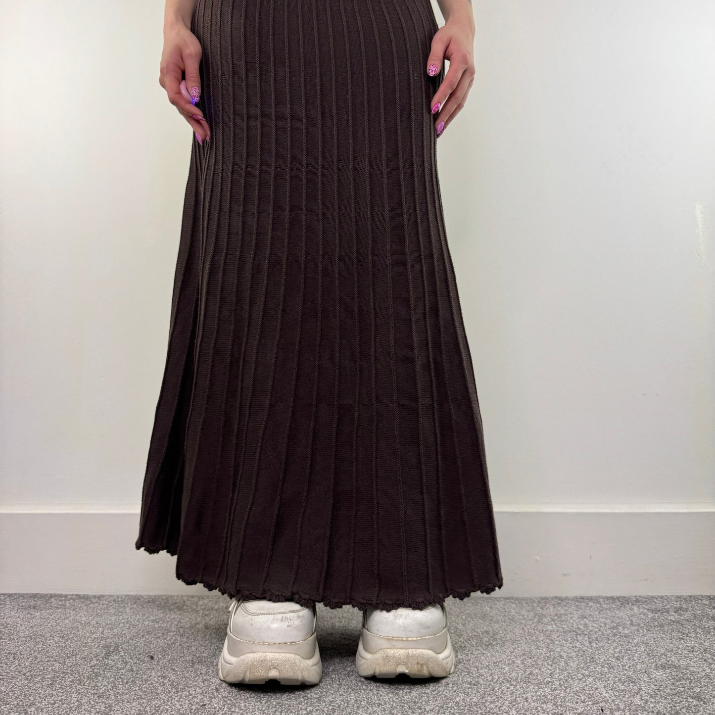 Y2K vintage brown thick chunky knit maxi skirt