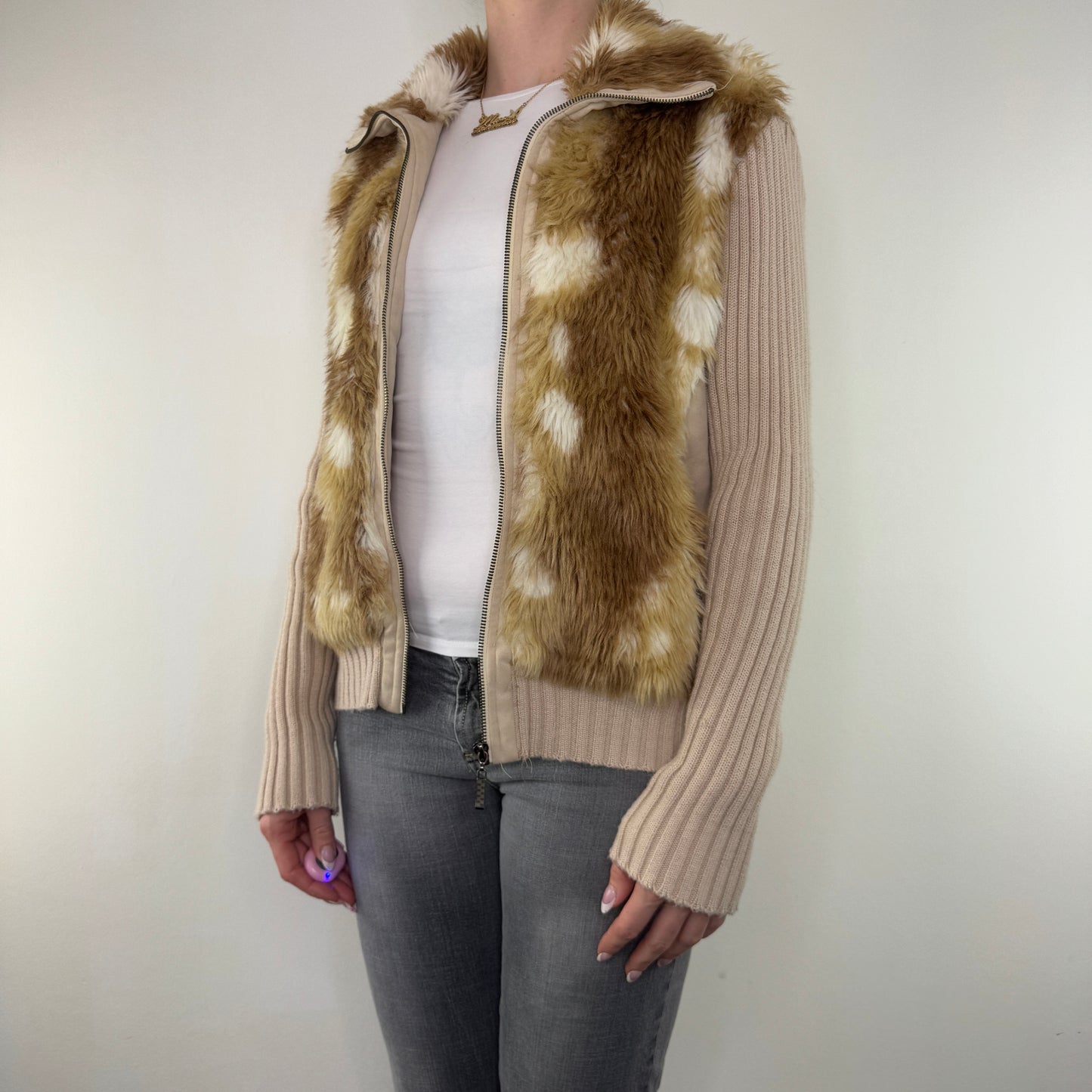 Y2K vintage faux fur jumper deer fawn knit sleeve zip up jacket bambi