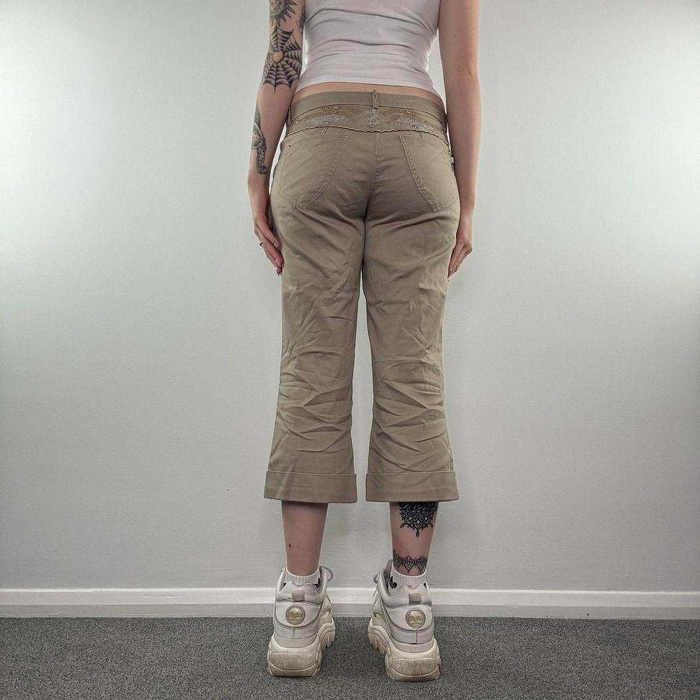 Y2K vintage stretchy low rise capri tribal embroidery trousers cropped studded