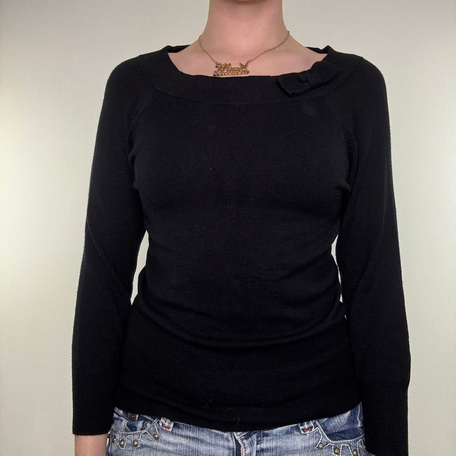 Y2K vintage bow long sleeve top fine knit coquette lolita kawaii boat scoop neck