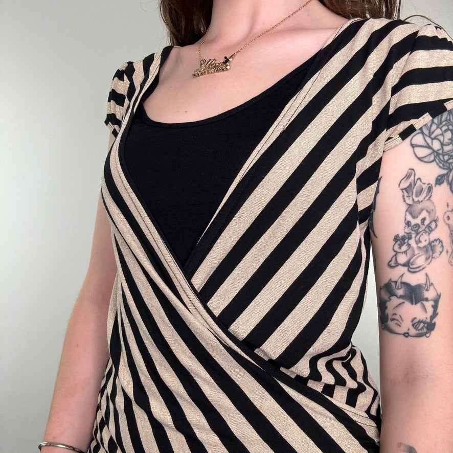 Y2K vintage striped sparkly wrap around top