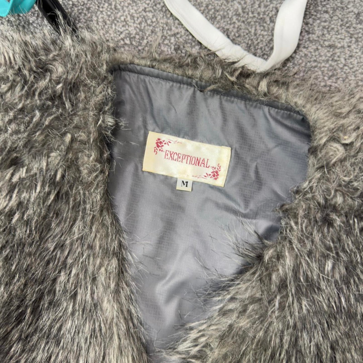 Y2K vintage grey faux fur sleeveless gilet jacket pom poms bow cropped v neck