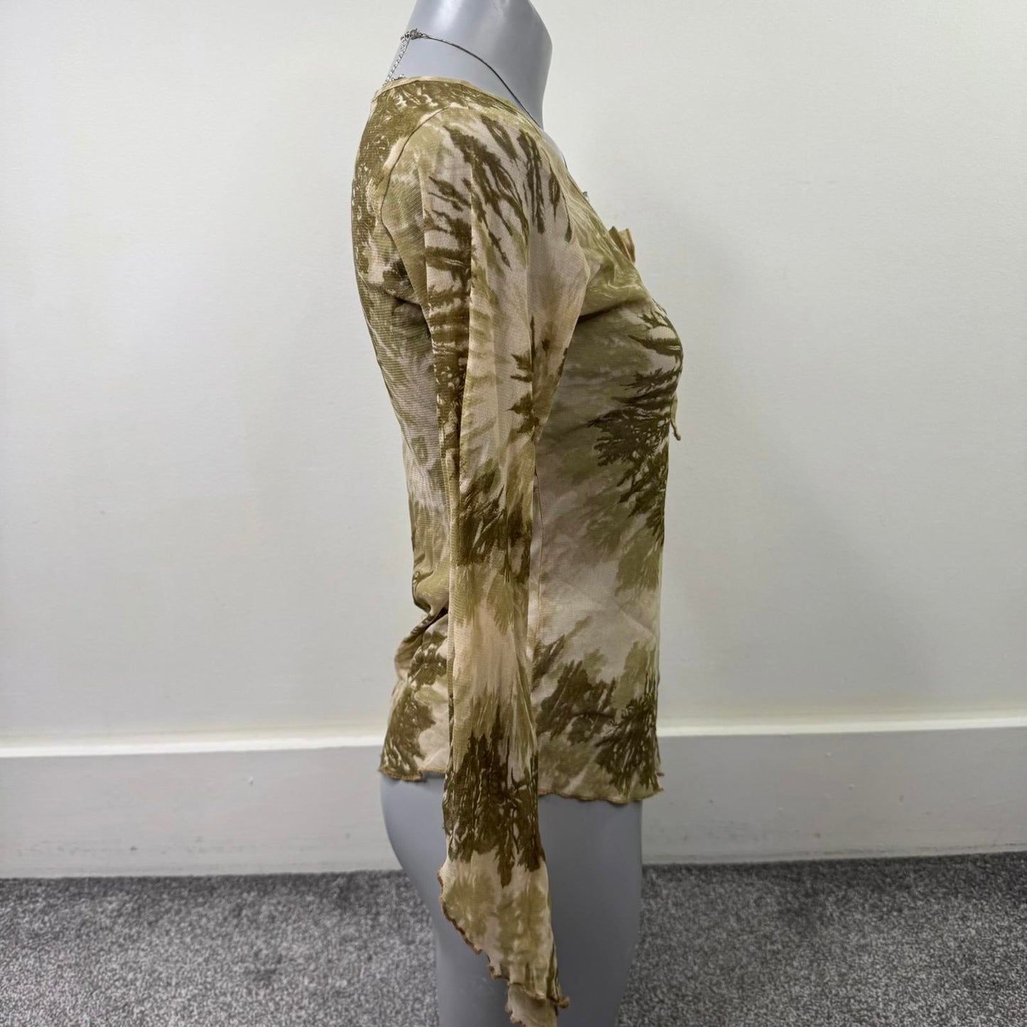 Y2K vintage tie dye mesh long flare sleeve top asymmetrical hem bow lettuce boho