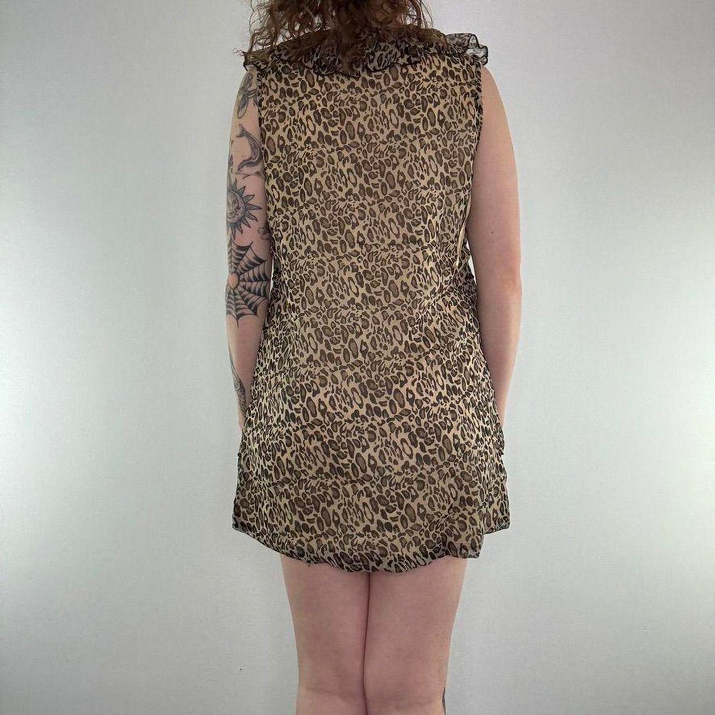 Y2K vintage leopard print frilly tiered mini dress ruffle round neck sleeveless