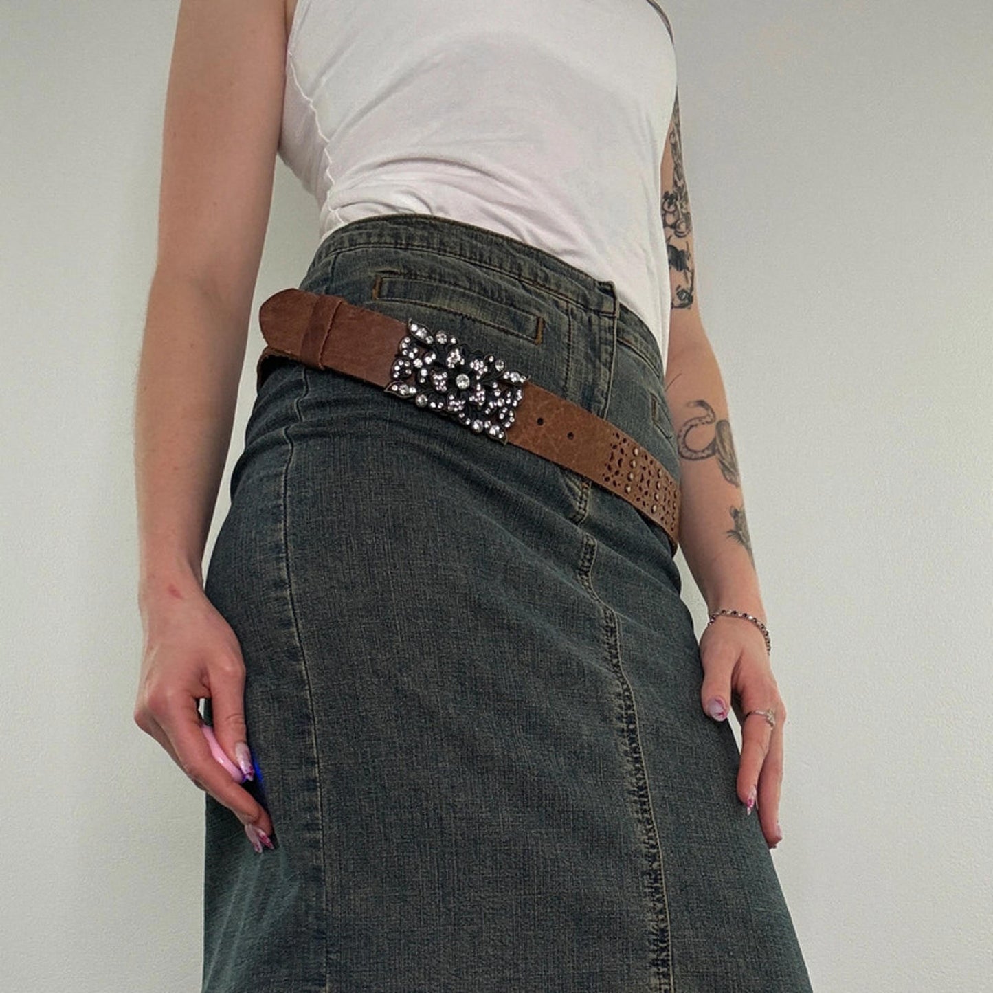 Y2K vintage genuine leather rhinestone flower studded rectangle belt studded