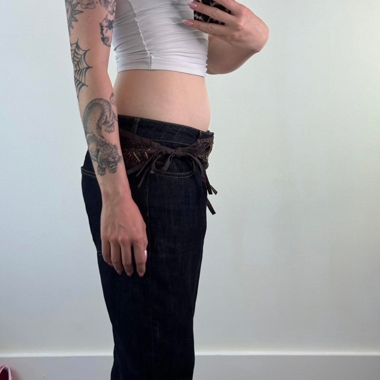 Y2K vintage adjustable floral belt sequin embroidery boho festival tassel bow