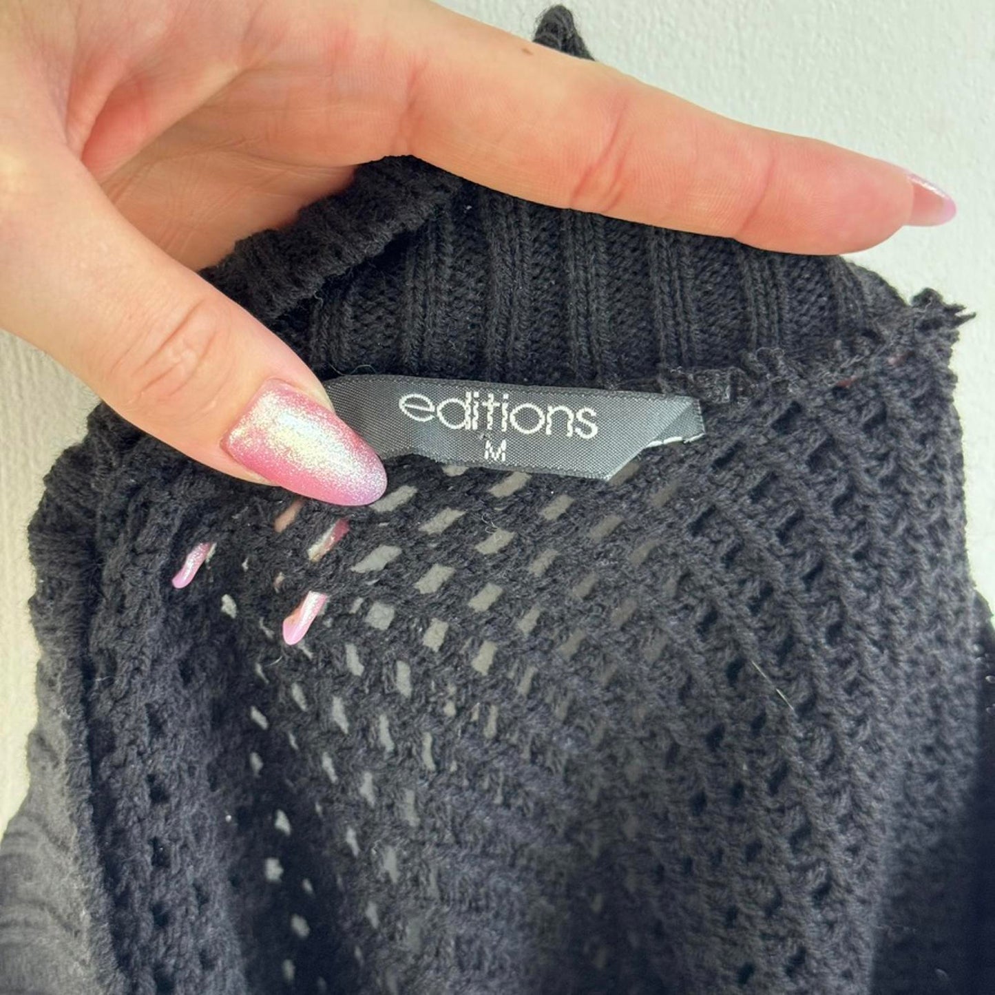 Y2K vintage perforated knitted sheer jumper open neck black