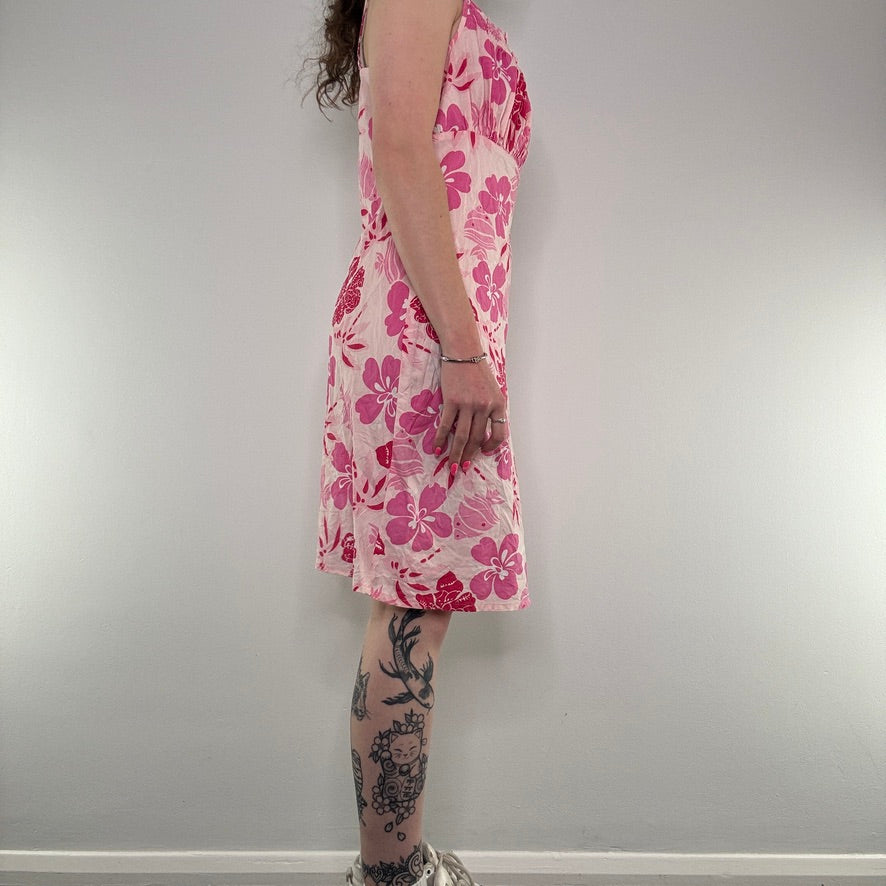 Y2K summer hibiscus ruched bust midi dress