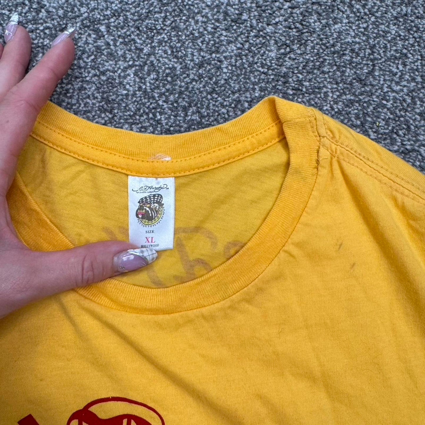 Y2K vintage Ed Hardy rhinestone short sleeve t shirt top yellow red rose graphic