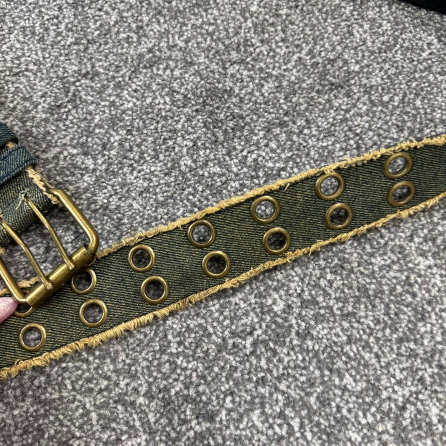 Y2K vintage denim grommet fraying hem belt faux leather lined