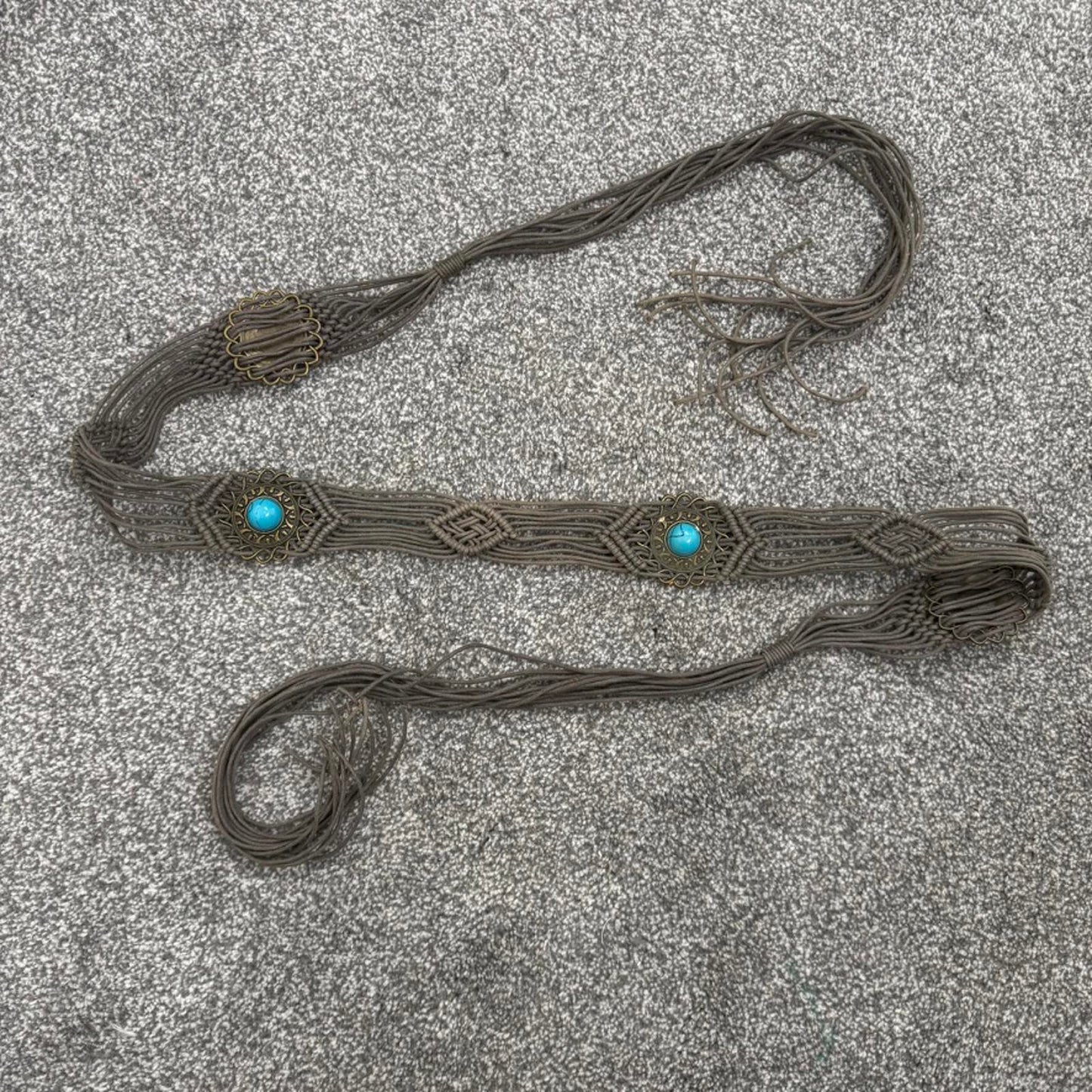 Y2K vintage braided woven belt blue gemstone brown bow adjustable boho festival