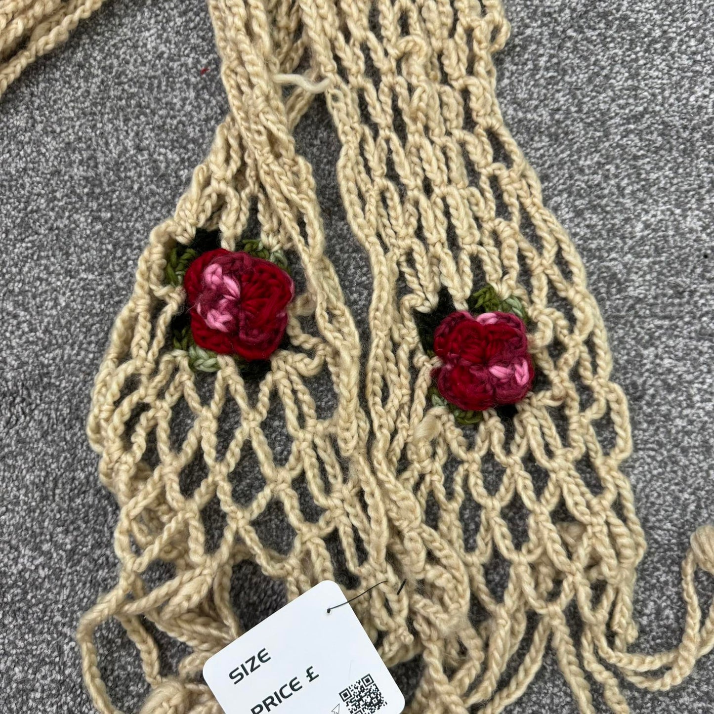 Y2K vintage crochet knit scarf 3D rose chunky beige red