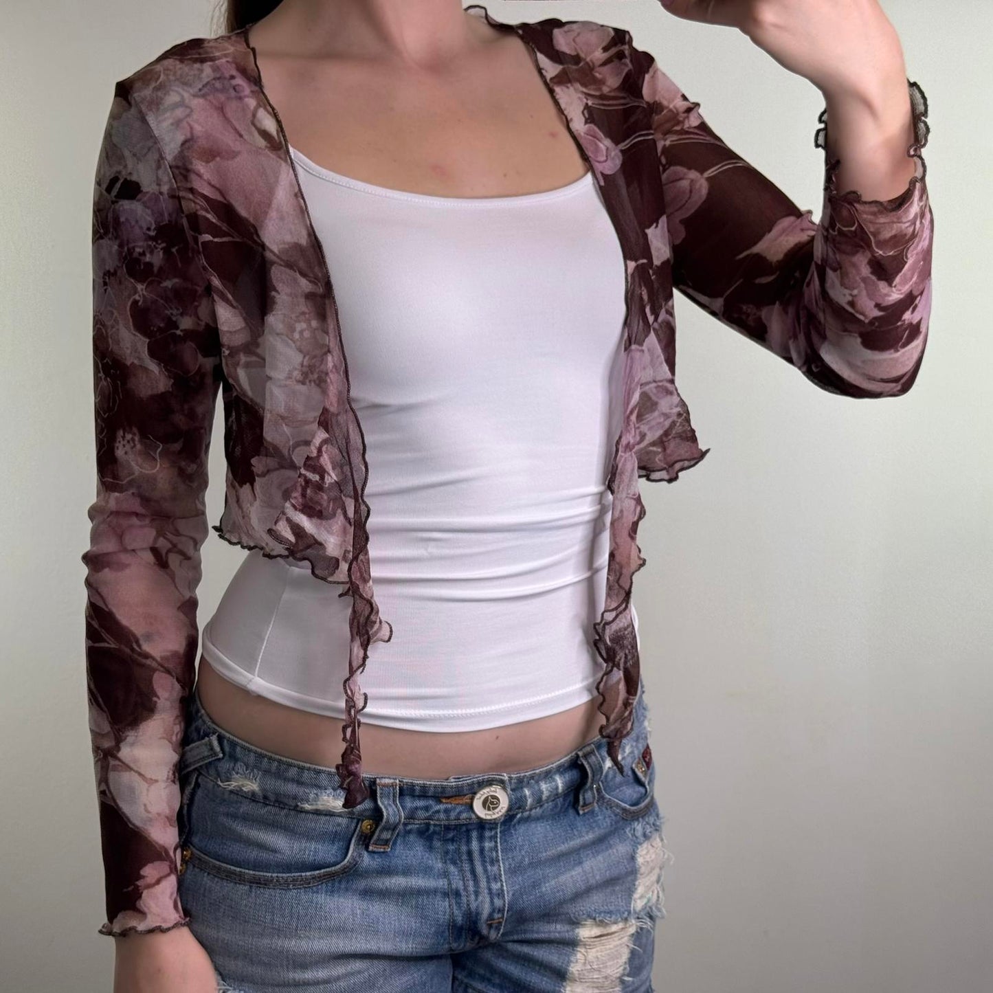Y2K vintage sheer mesh floral cropped cardigan shrug stretchy lettuce hem