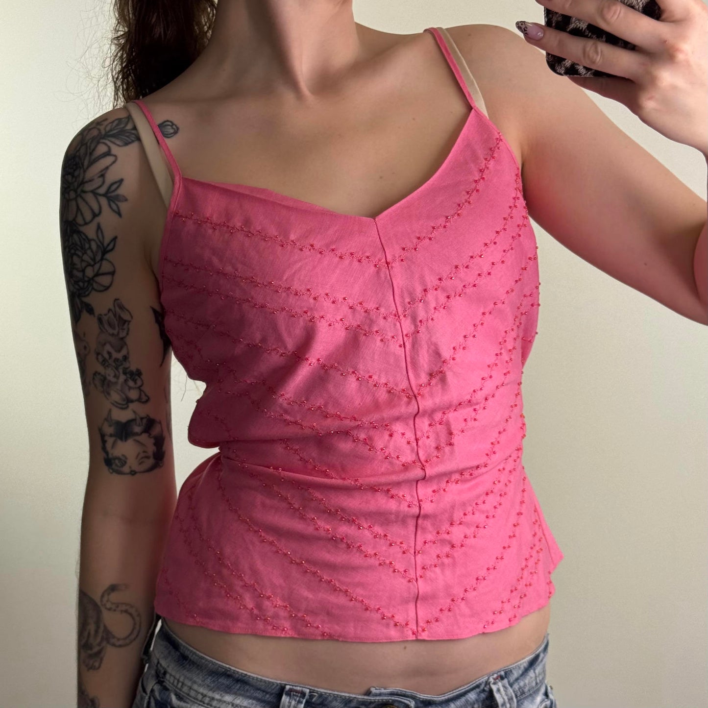 Y2K vintage 100% pure linen cami top adjustable bow beaded chevron stripe pink