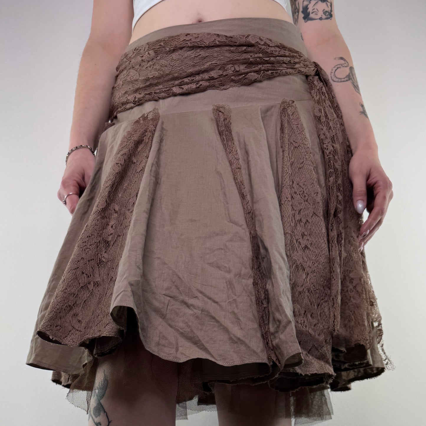 Y2K vintage pleated lace trim midi skirt