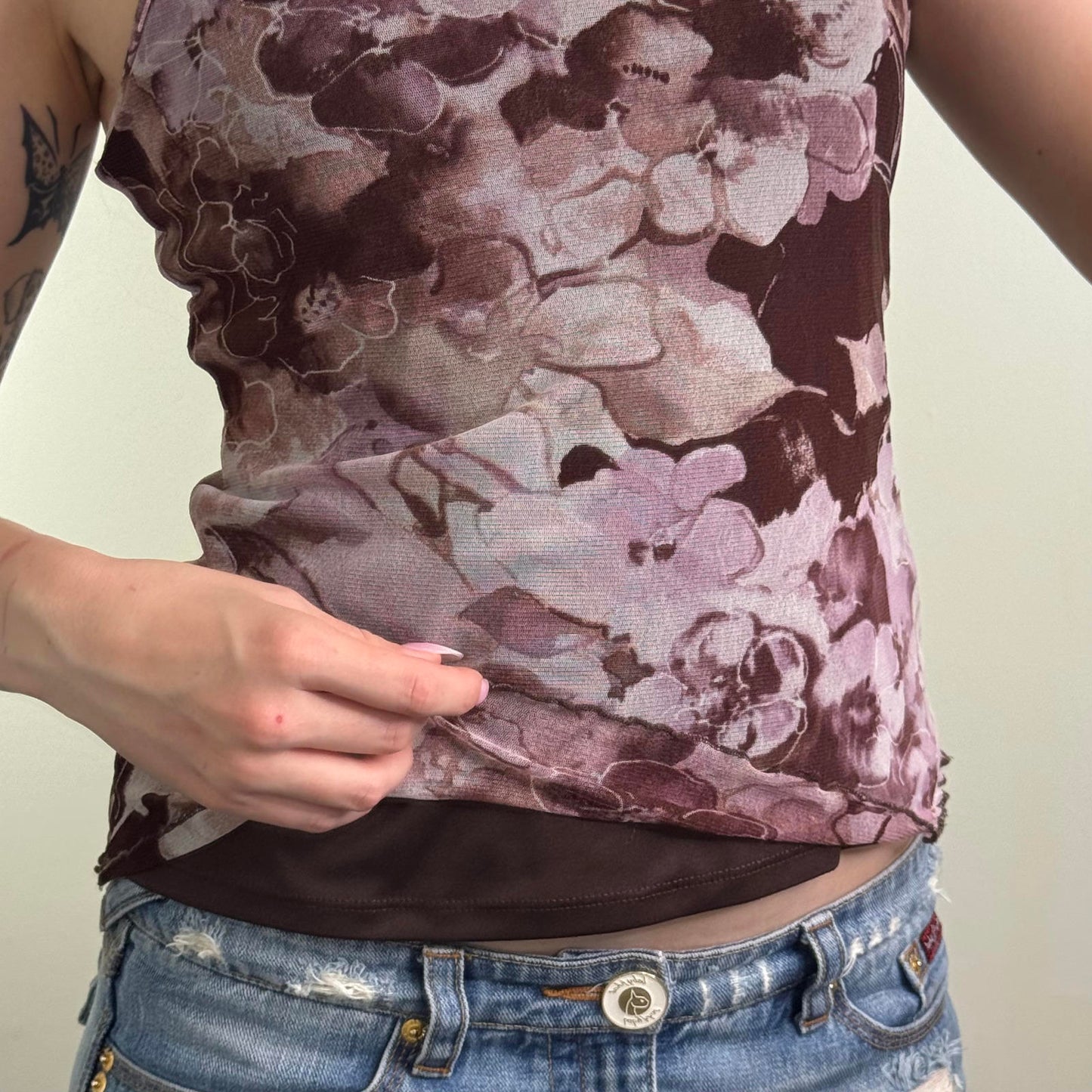 Y2K vintage mesh floral cami top stretchy lettuce hem strappy