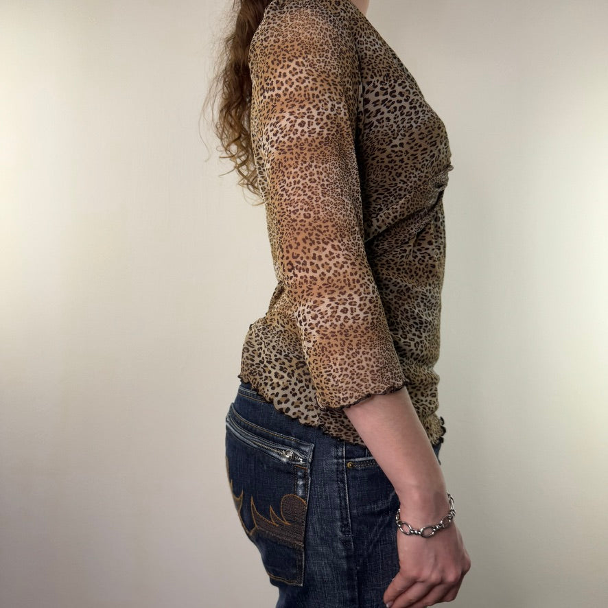 Y2K vintage leopard print mesh 3/4 sleeve top