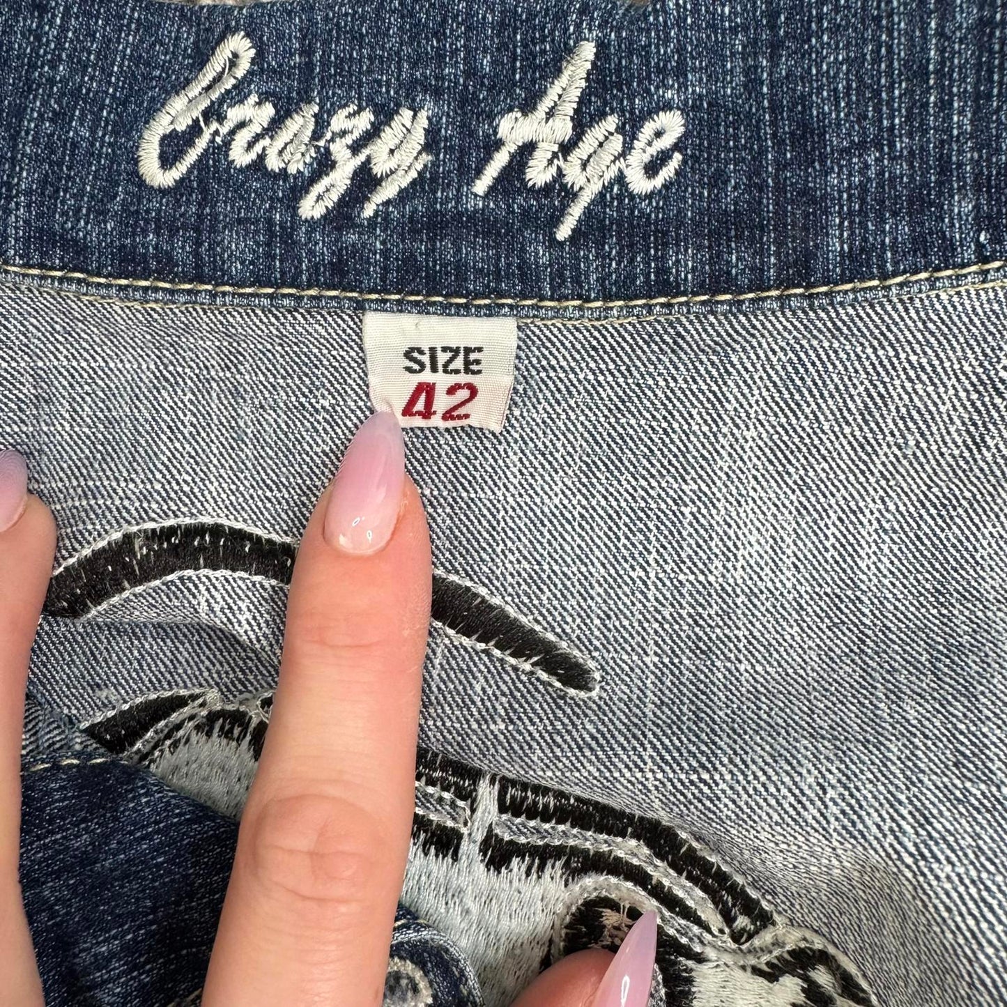 Y2K vintage Crazy Age denim jacket button up panther embroidery stretchy