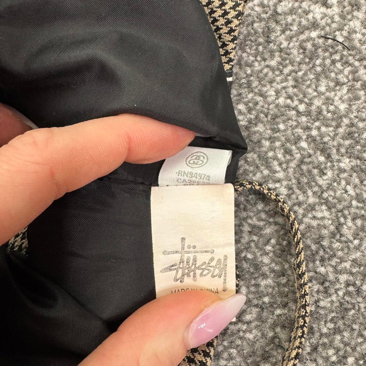 Stussy houndstooth crop top strappy spaghetti straps logo o ring zip up