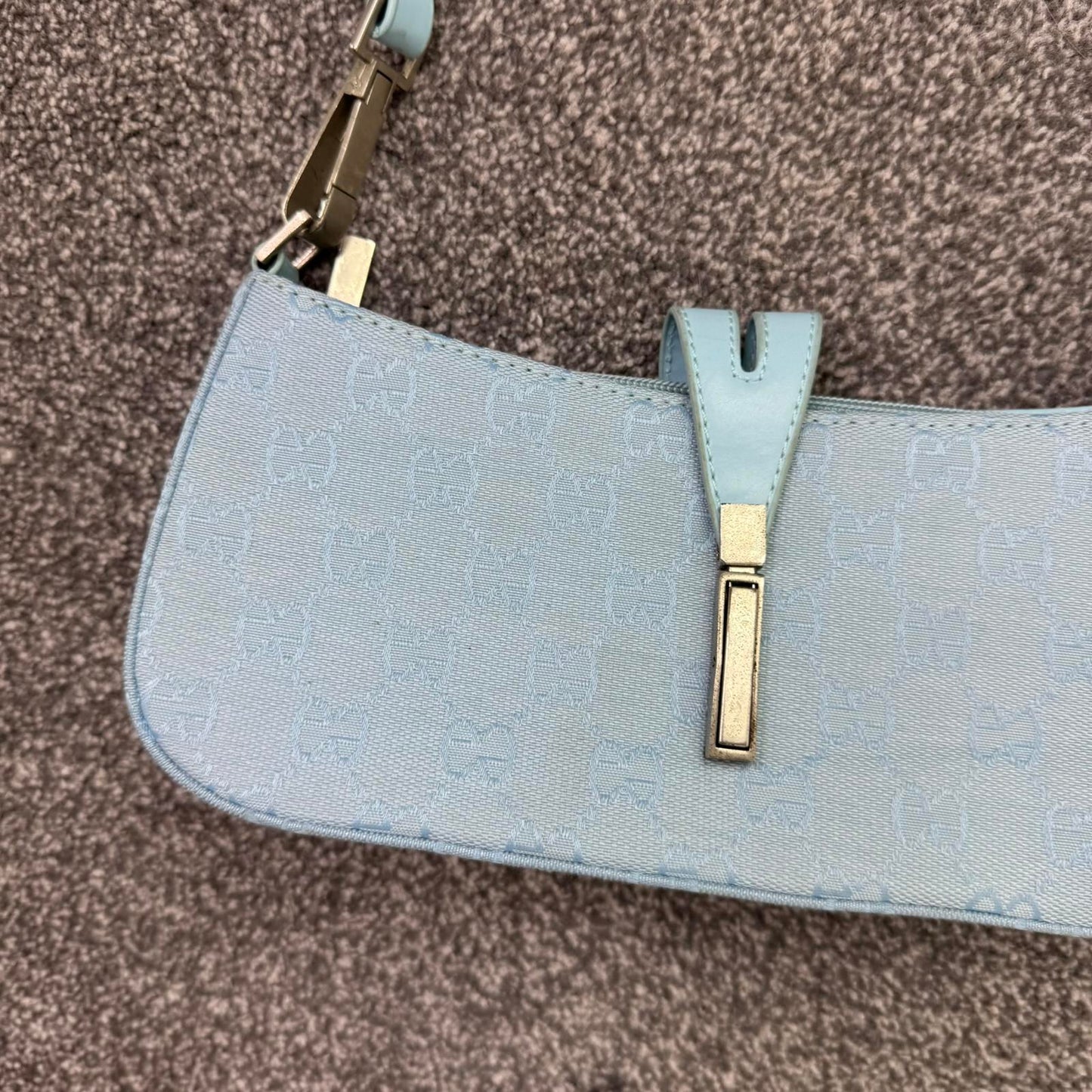 Y2K vintage canvas mini shoulder bag baby blue baguette silver